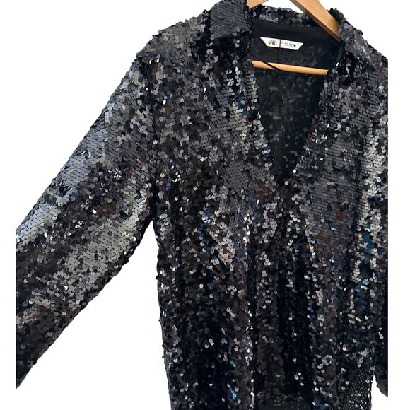 Zara‎ V Neck Collared Flowy Long Sleeve Sequined Top Black Size Medium - Picture 6 of 11